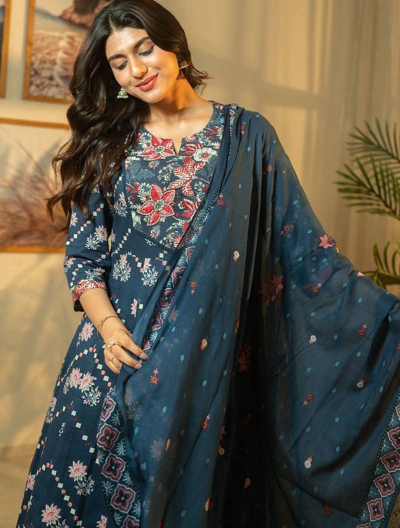 Floral Printed Beads & Stones Cotton A-Line Kurta With Trousers & Dupatta