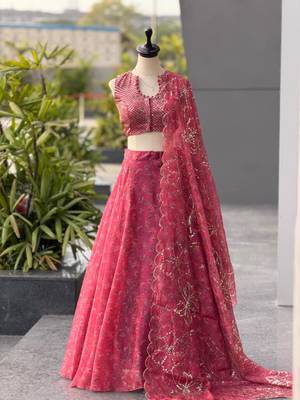 pink organza printed traditional lehenga choli with free size upto 42 4
