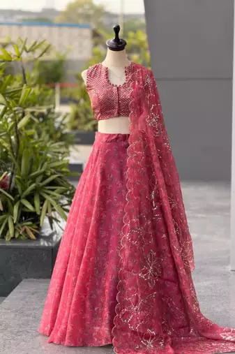 pink organza printed traditional lehenga choli with free size upto 42