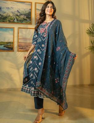 Floral Printed Beads & Stones Cotton A-Line Kurta With Trousers & Dupatta 2