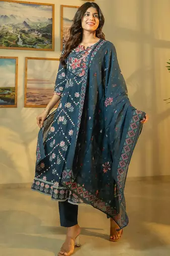 Floral Printed Beads & Stones Cotton A-Line Kurta With Trousers & Dupatta