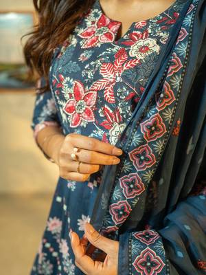 Floral Printed Beads & Stones Cotton A-Line Kurta With Trousers & Dupatta 3