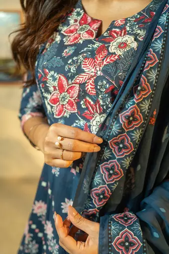 Floral Printed Beads & Stones Cotton A-Line Kurta With Trousers & Dupatta