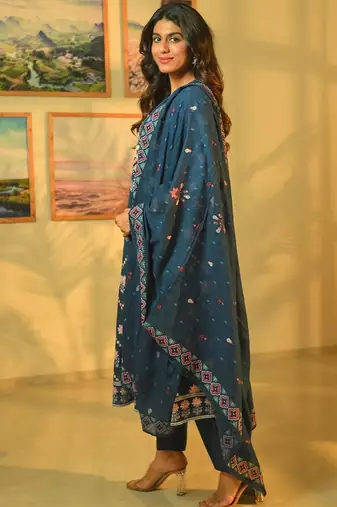 Floral Printed Beads & Stones Cotton A-Line Kurta With Trousers & Dupatta