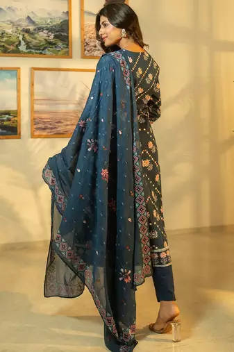 Floral Printed Beads & Stones Cotton A-Line Kurta With Trousers & Dupatta