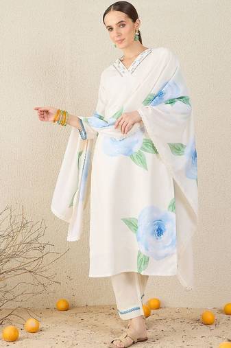 Women Floral Printed Sequinned Linen Kurta with Trousers & Dupatta