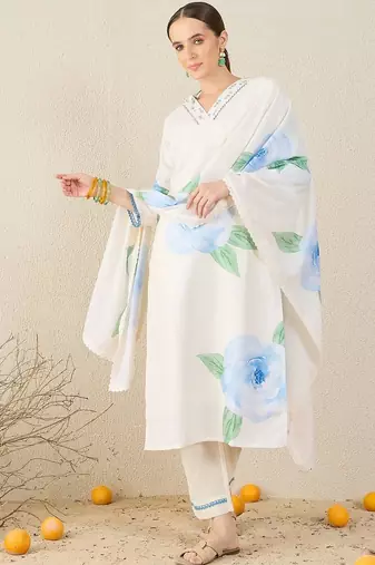 Women Floral Printed Sequinned Linen Kurta with Trousers & Dupatta