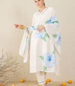 Women Floral Printed Sequinned Linen Kurta with Trousers & Dupatta