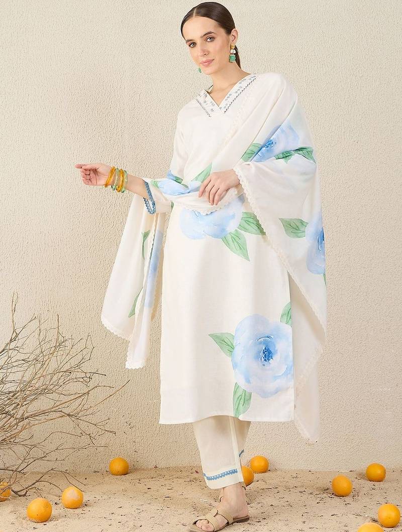 Women Floral Printed Sequinned Linen Kurta with Trousers & Dupatta