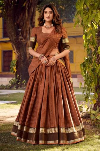 brown cotton silk printed traditional lehenga choli