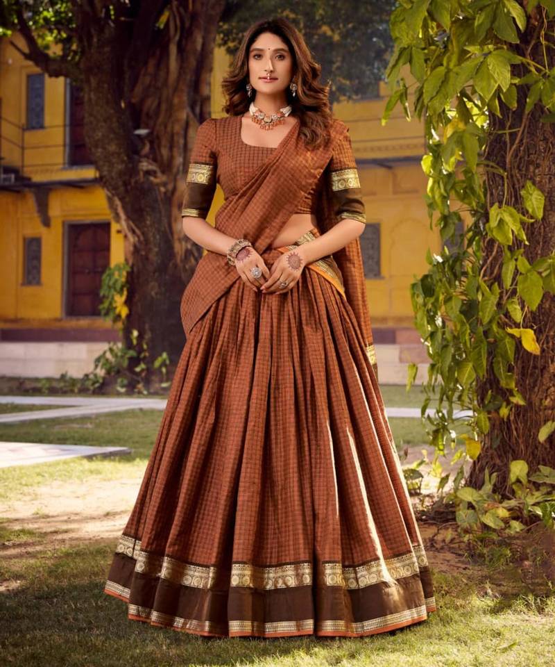 brown cotton silk printed traditional lehenga choli