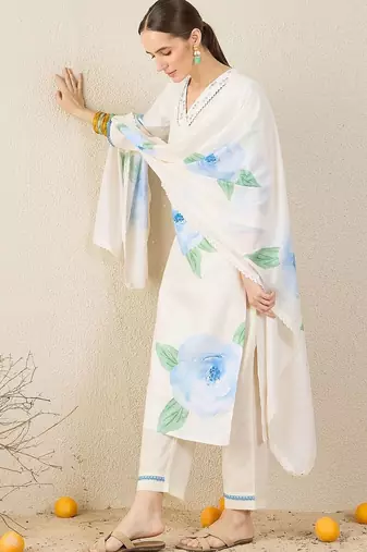 Women Floral Printed Sequinned Linen Kurta with Trousers & Dupatta
