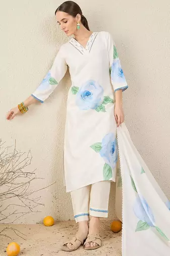 Women Floral Printed Sequinned Linen Kurta with Trousers & Dupatta