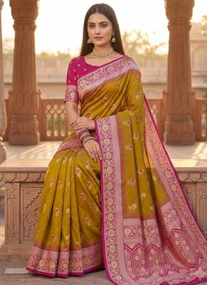 Mustard soft banarasi silk saree with zari weaving meenakari design 4