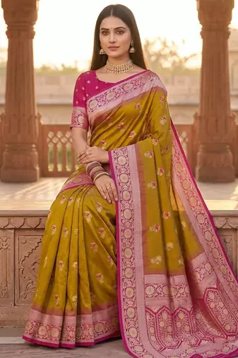 Mustard soft banarasi silk saree with zari weaving meenakari design