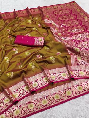 Mustard soft banarasi silk saree with zari weaving meenakari design 5