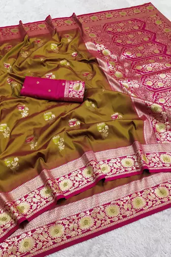 Mustard soft banarasi silk saree with zari weaving meenakari design