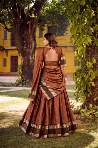 brown cotton silk printed traditional lehenga choli