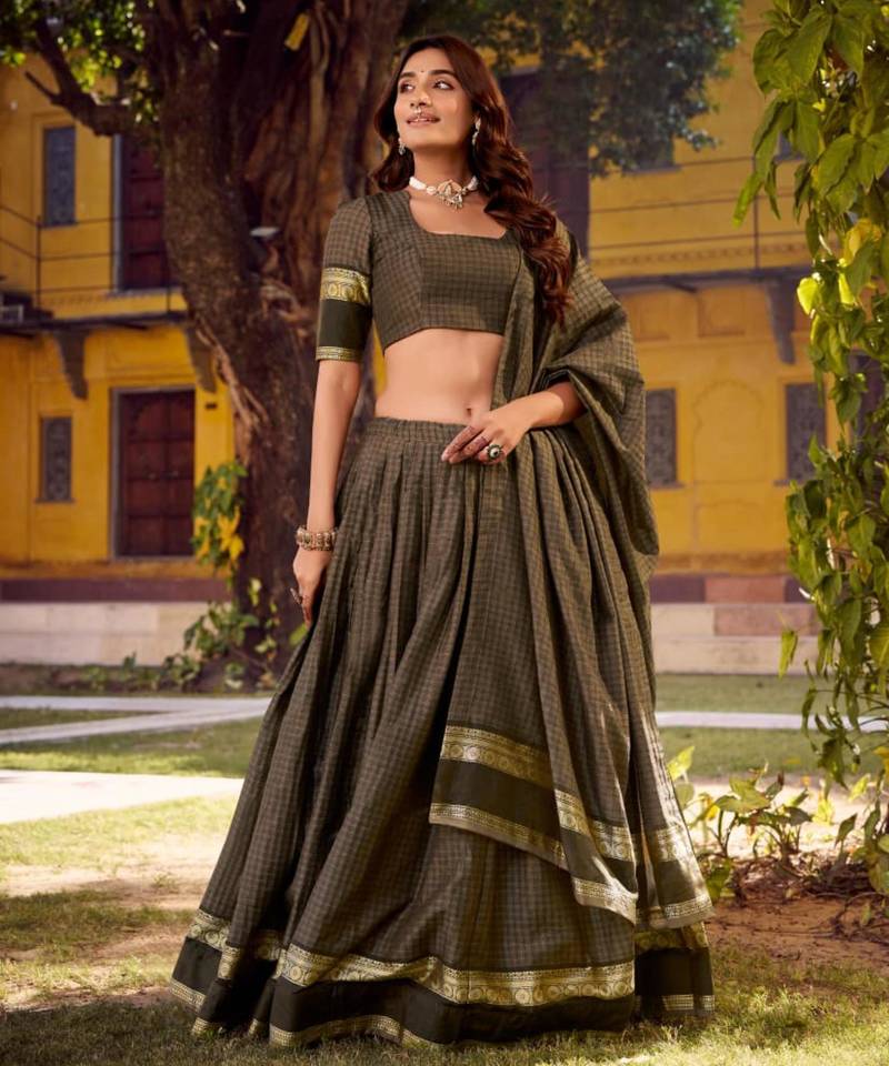 dark brown cotton silk printed traditional lehenga choli