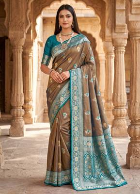 Grey soft banarasi silk saree with zari weaving meenakari design 1