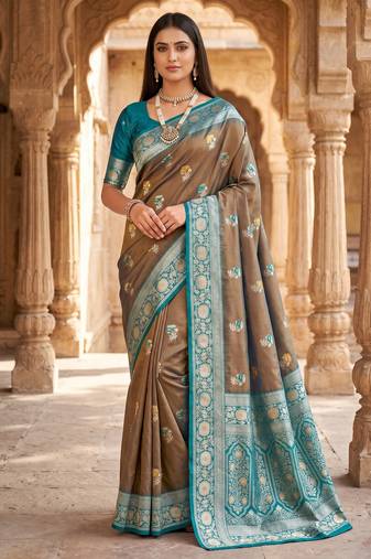 Grey soft banarasi silk saree with zari weaving meenakari design