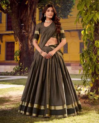 dark brown cotton silk printed traditional lehenga choli 3