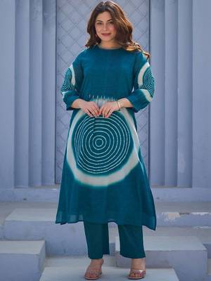 Teal Printed A-line Kurta Trousers Set 1