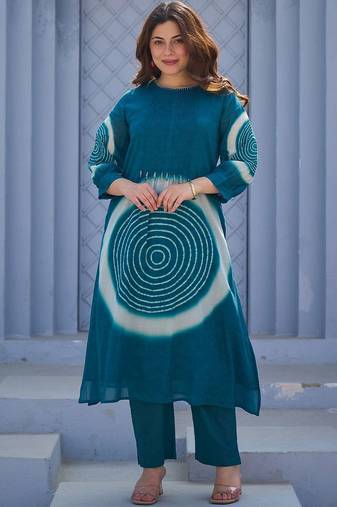 Teal Printed A-line Kurta Trousers Set