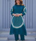 Teal Printed A-line Kurta Trousers Set
