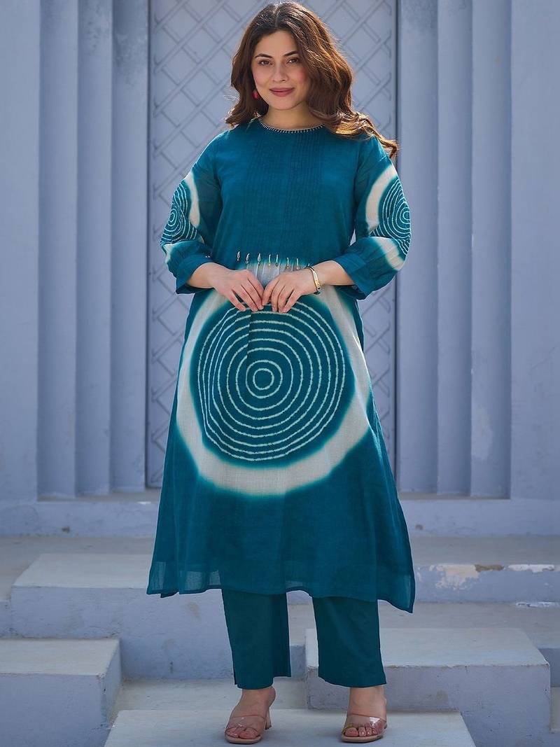 Teal Printed A-line Kurta Trousers Set