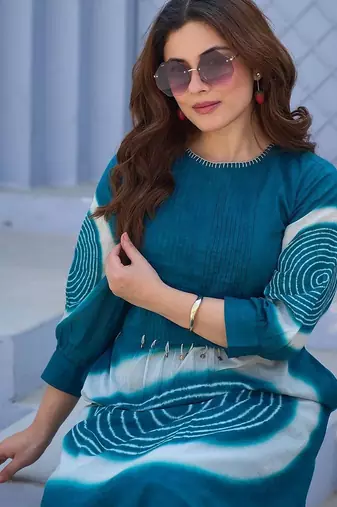 Teal Printed A-line Kurta Trousers Set