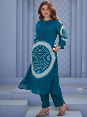 Teal Printed A-line Kurta Trousers Set 3