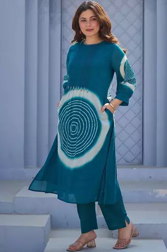 Teal Printed A-line Kurta Trousers Set