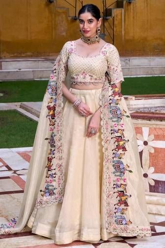 cream silk blend plain traditional lehenga choli