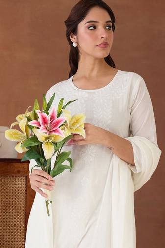 Women Floral Embroidered Chikankari Cotton Kurta with Trousers & With Dupatta