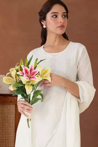 Women Floral Embroidered Chikankari Cotton Kurta with Trousers & With Dupatta