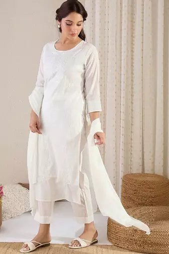 Women Floral Embroidered Chikankari Cotton Kurta with Trousers & With Dupatta