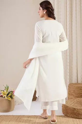 Women Floral Embroidered Chikankari Cotton Kurta with Trousers & With Dupatta
