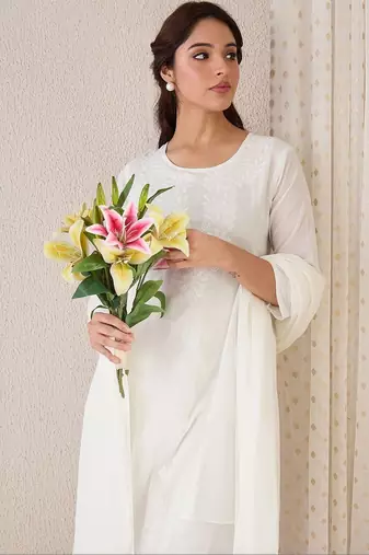 Women Floral Embroidered Chikankari Cotton Kurta with Trousers & With Dupatta