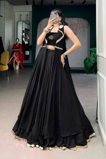 black crepe plain traditional lehenga choli with free size upto 42