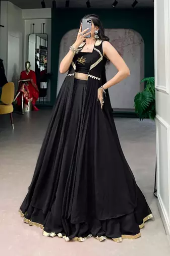 black crepe plain traditional lehenga choli with free size upto 42
