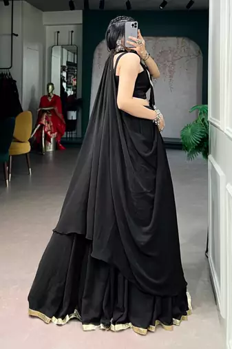 black crepe plain traditional lehenga choli with free size upto 42