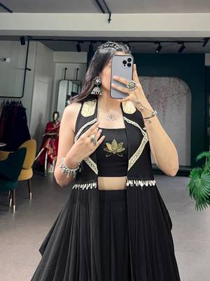 black crepe plain traditional lehenga choli with free size upto 42 3