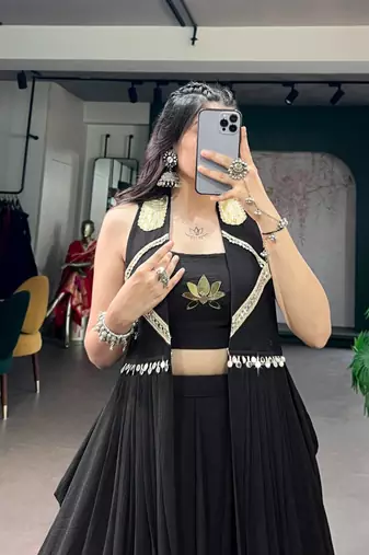 black crepe plain traditional lehenga choli with free size upto 42