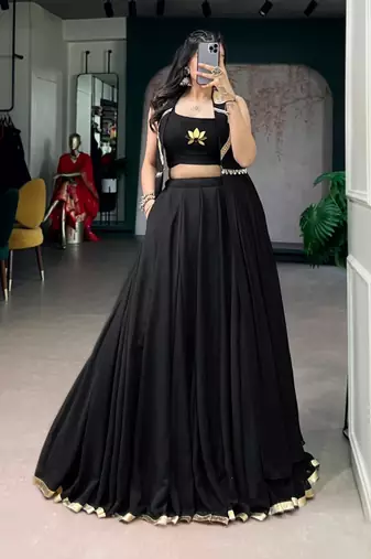 black crepe plain traditional lehenga choli with free size upto 42