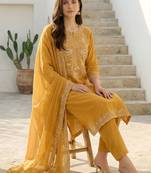 Women Ethnic Motifs Embroidered Thread Work Cotton Kurta with Trousers & With Dupatta