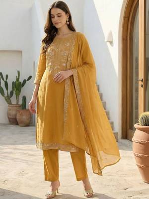 Women Ethnic Motifs Embroidered Thread Work Cotton Kurta with Trousers & With Dupatta 2