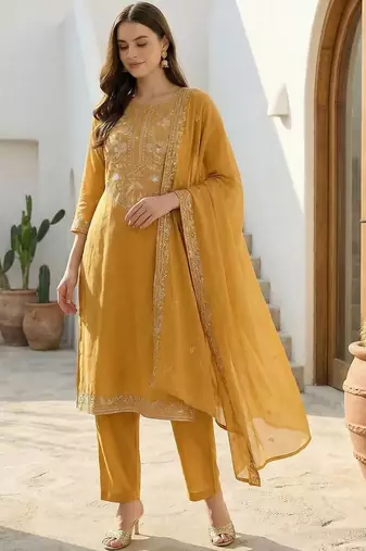 Women Ethnic Motifs Embroidered Thread Work Cotton Kurta with Trousers & With Dupatta