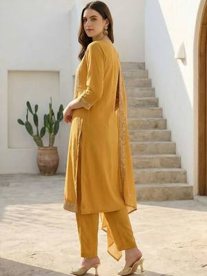 Women Ethnic Motifs Embroidered Thread Work Cotton Kurta with Trousers & With Dupatta 3