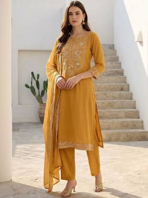 Women Ethnic Motifs Embroidered Thread Work Cotton Kurta with Trousers & With Dupatta 4